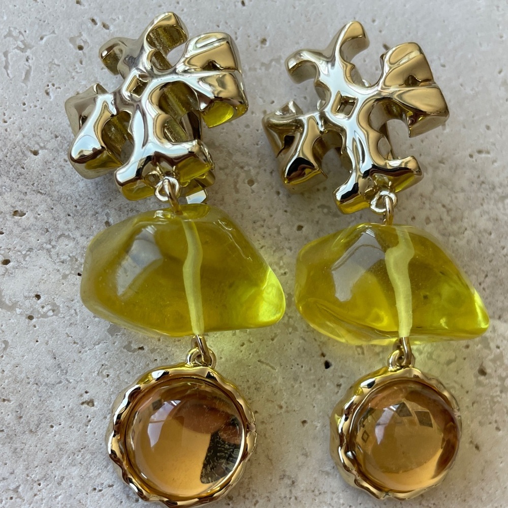 Tory Burch Logo Drop Earrings Gold Tone Yellow Amber Stone Dangle Statement - Picture 2 of 3